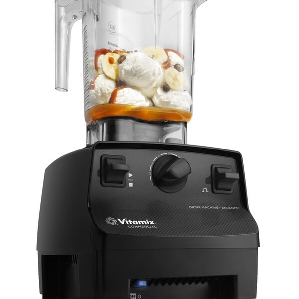 Close up of Vitamix Drink Machine Advance control panel and container with ingredients