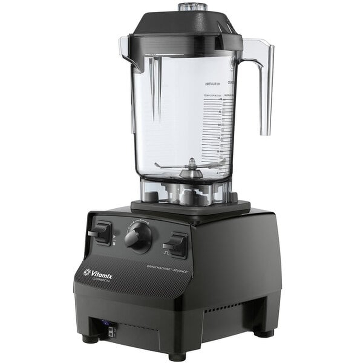 Angled view of Vitamix commercial black blender base with 48 oz container
