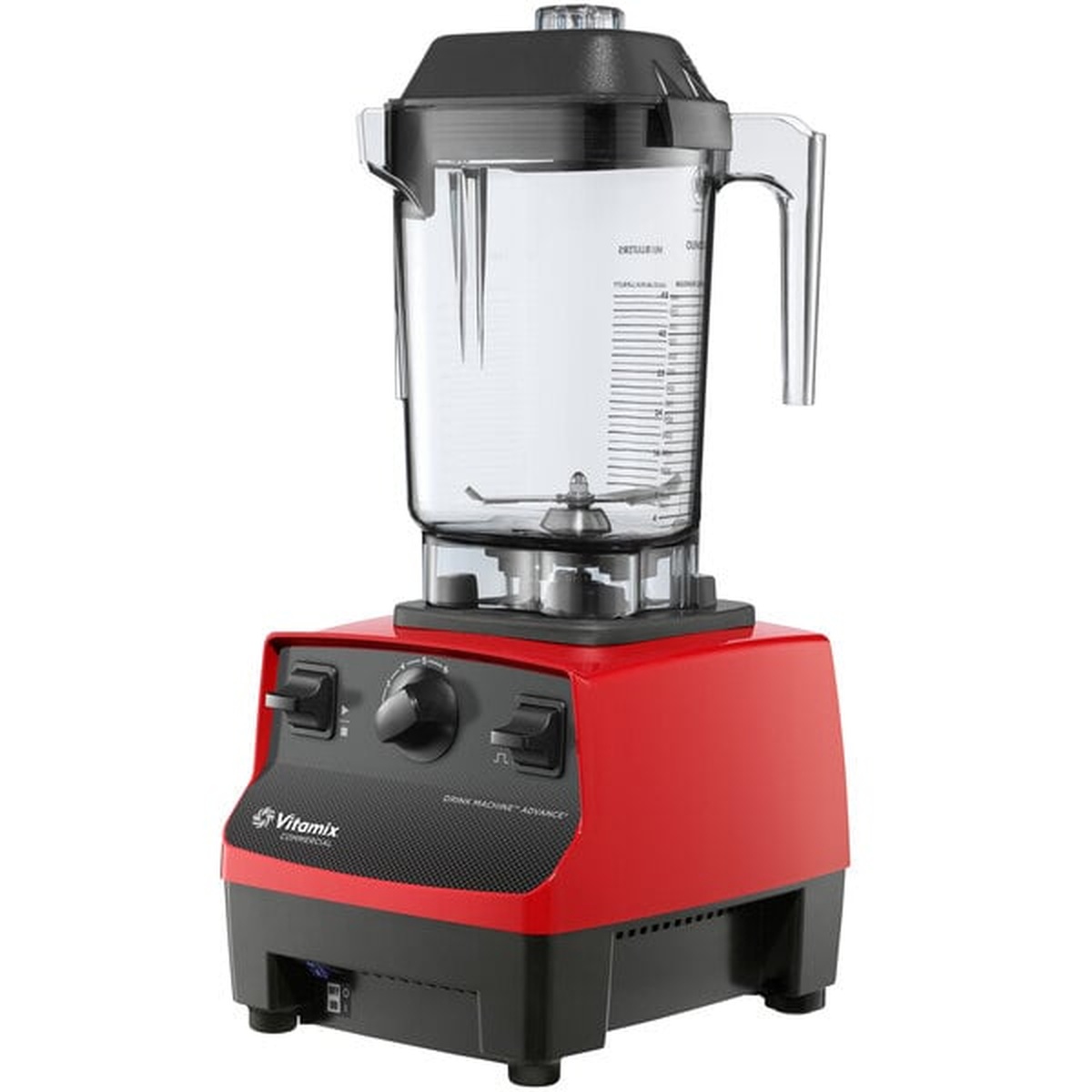Angled view of Vitamix 62825 red Drink Machine Advance blender showing base and container