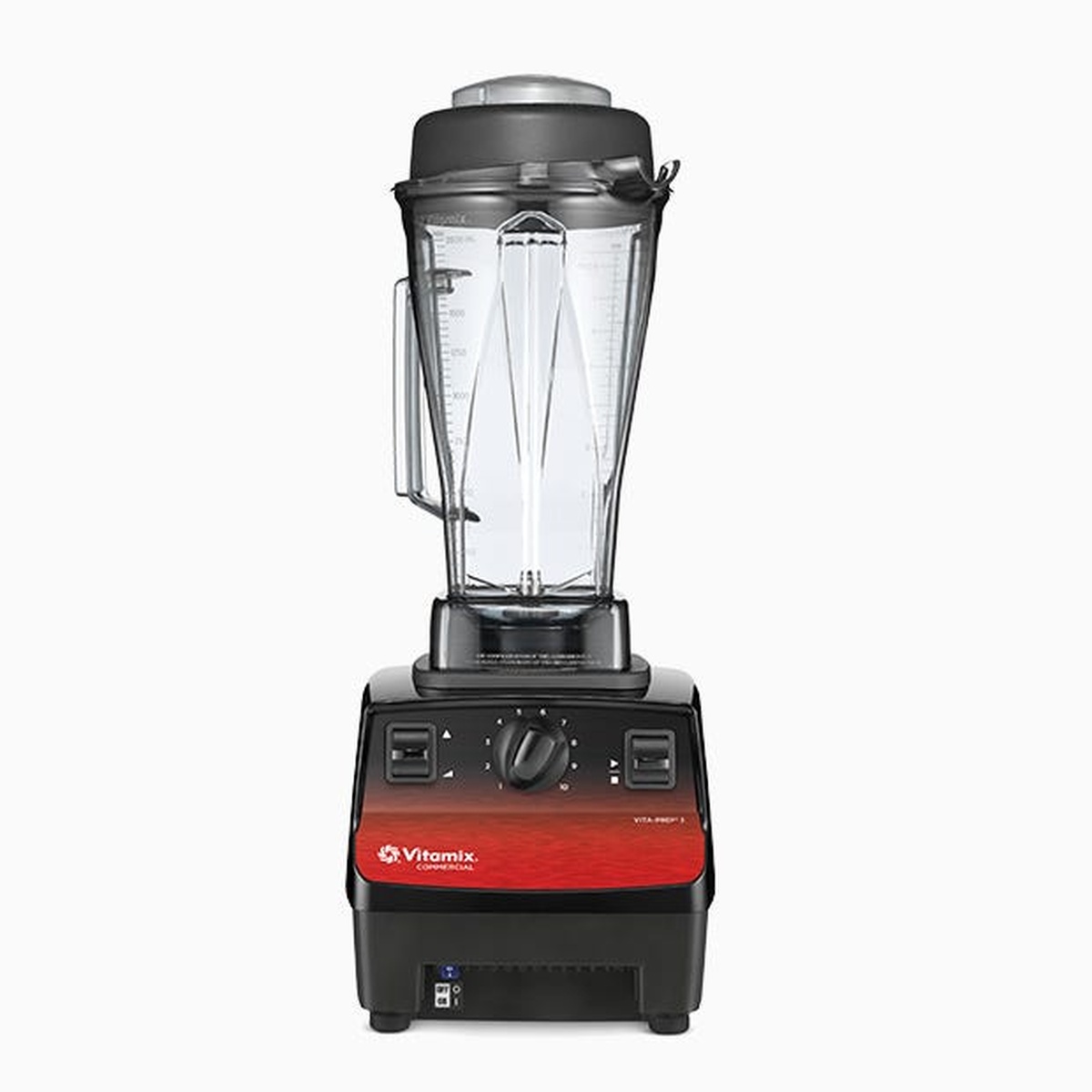 Vitamix Vita-Prep 3 commercial blender with clear 64 oz. container and red motor base, front view