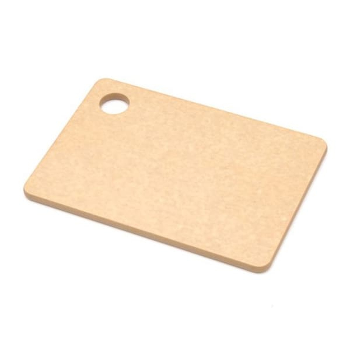 Epicurean 629-100701 natural composite wood prep board, 10 x 7 inch, with hanging hole, angled view