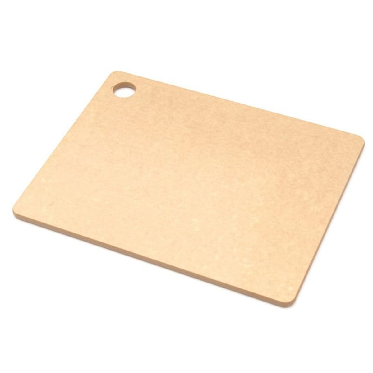 Epicurean 629-161101 natural composite wood cutting board, angled view showing corner hole