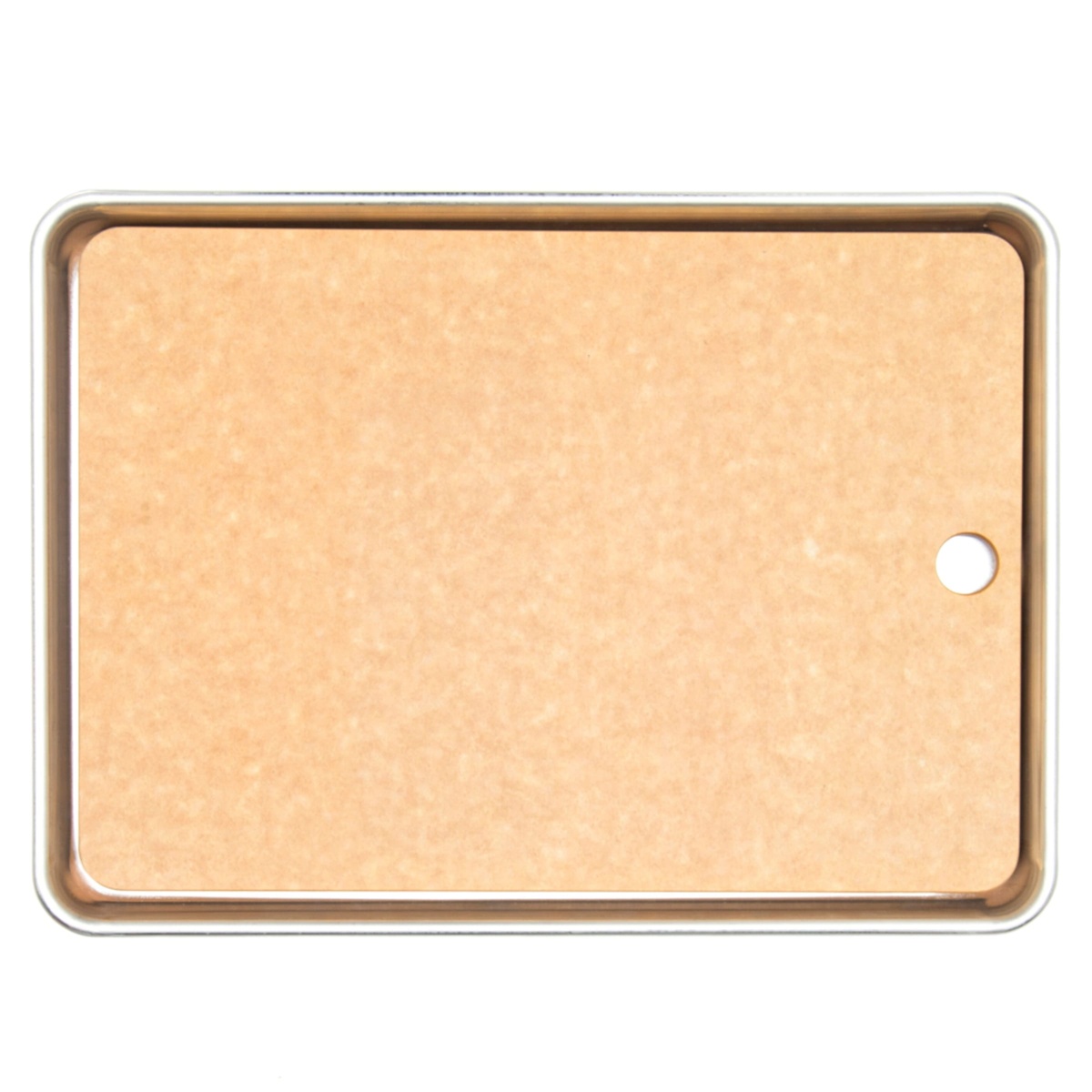 Epicurean sheet pan board sitting inside a full-size aluminum sheet pan on a white background