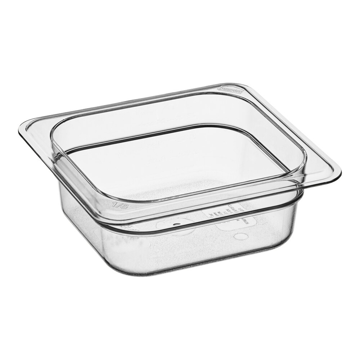 Cambro 62CW135 clear polycarbonate 1/6 size food pan with molded-in graduations on white background