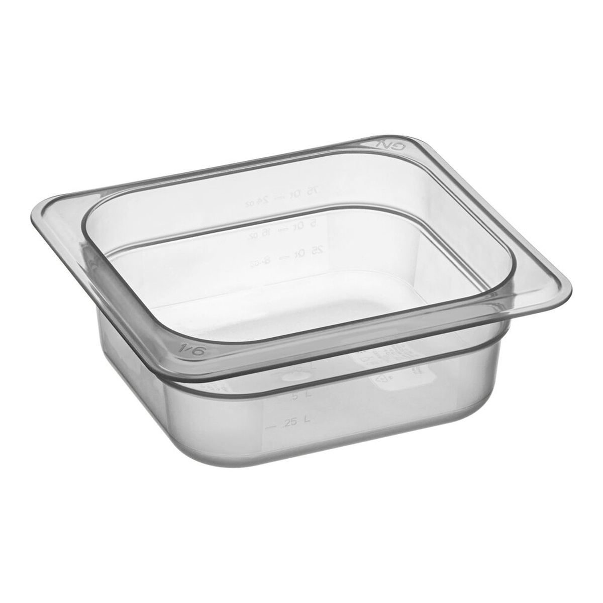 Cambro 1/6 size translucent polypropylene food pan with molded-in metric and standard graduations on white background