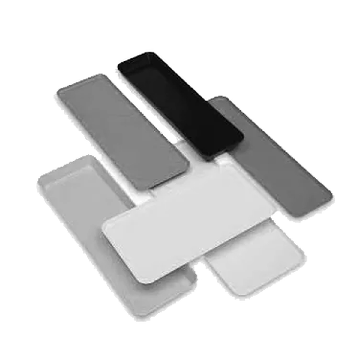 Cambro 6302MT110 rectangular display market pans in multiple colors including black, grey, and white on white background