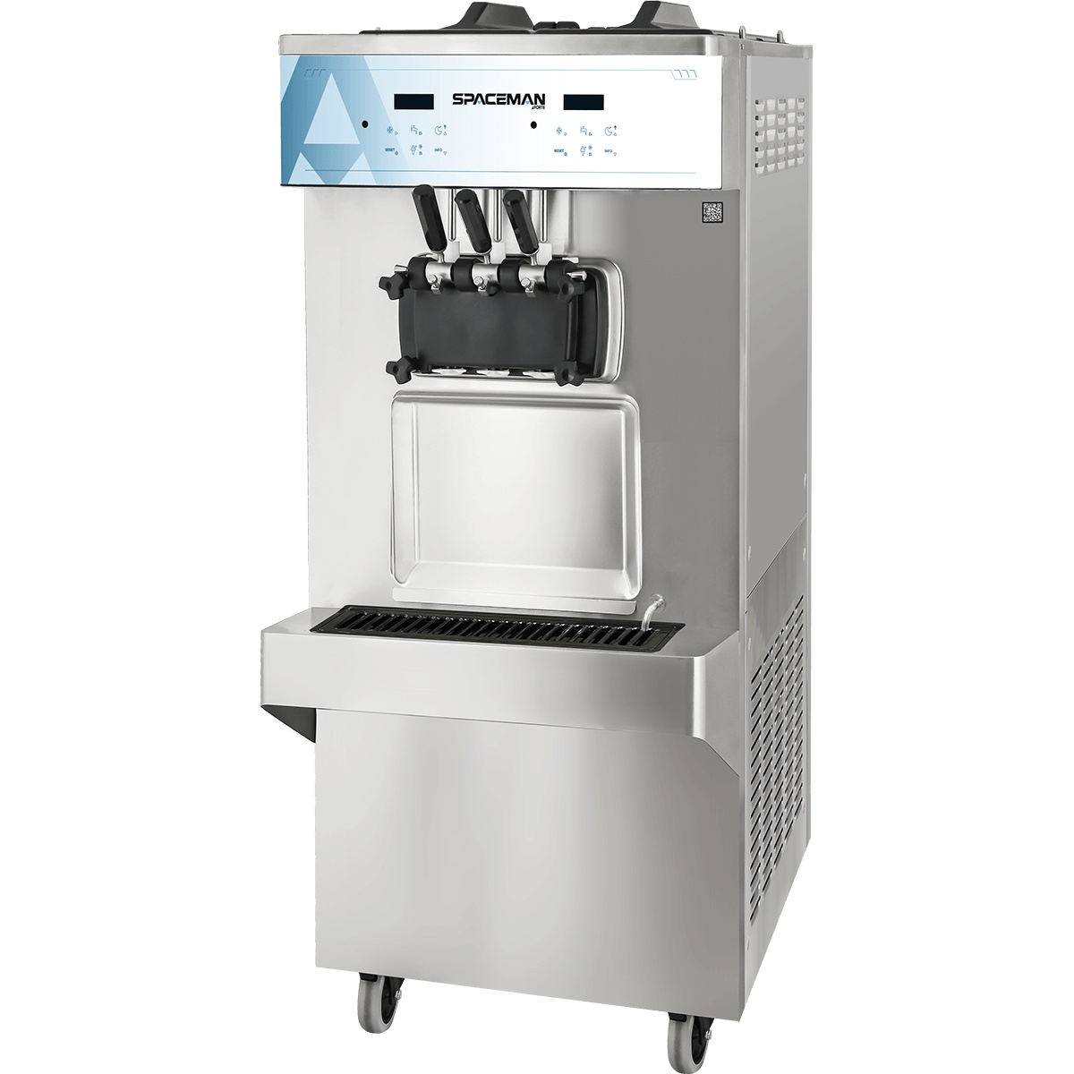 Front view of Spaceman 6378-C soft serve floor model machine with three dispensing levers