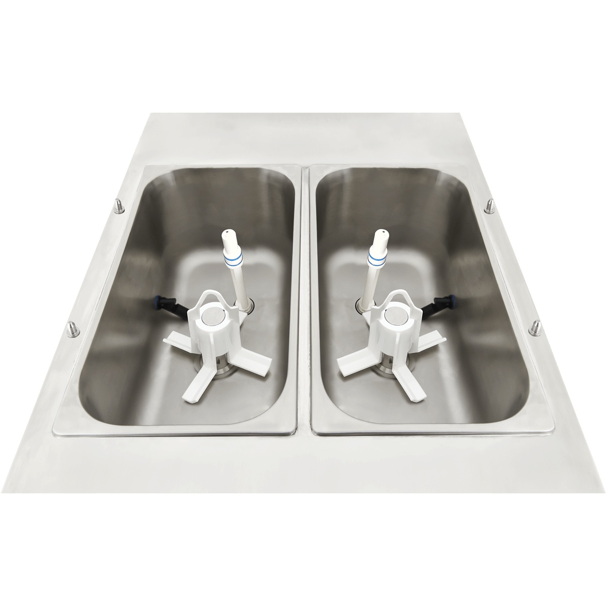 Top view of twin refrigerated mix hoppers with hopper agitators inside