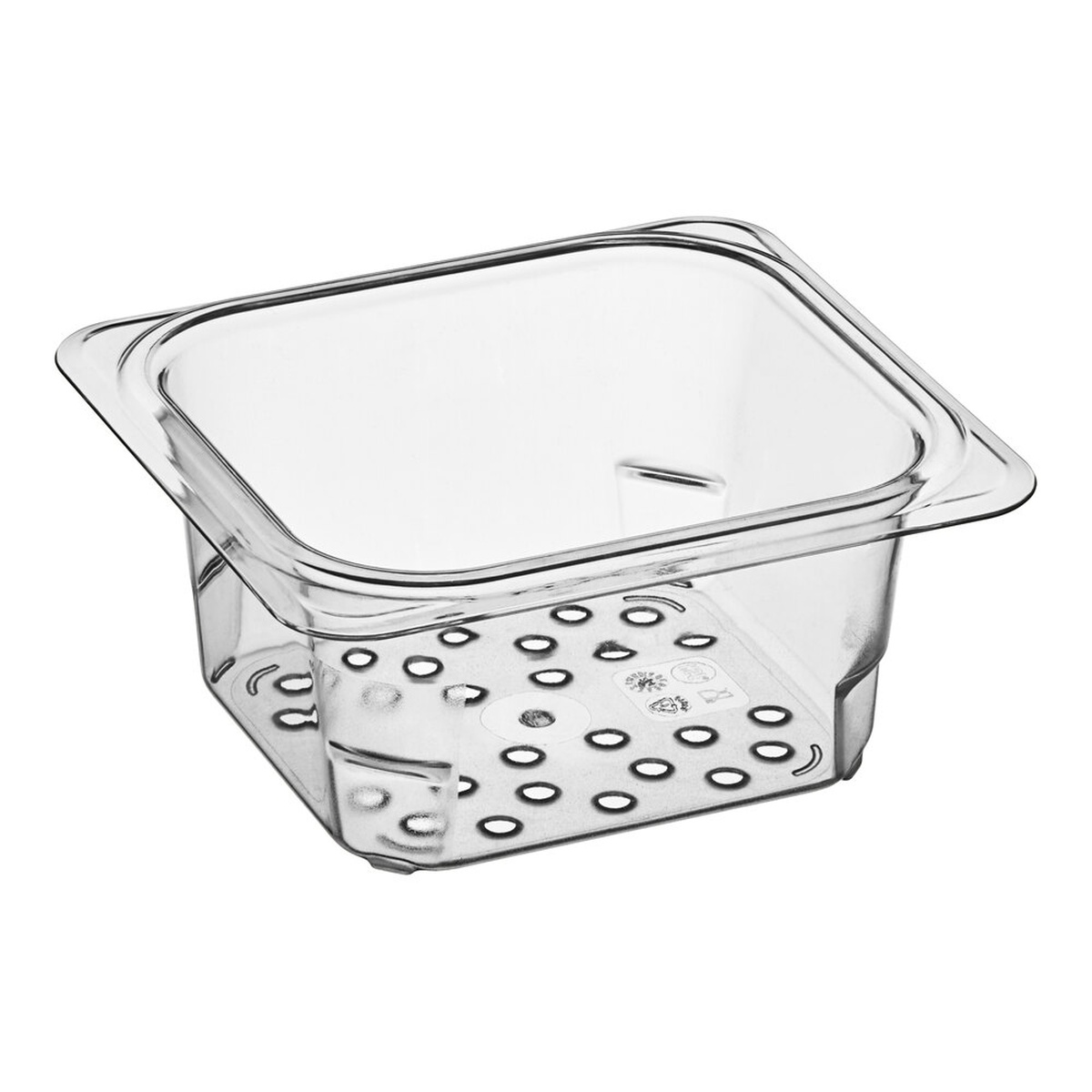 Cambro 63CLRCW135 clear polycarbonate 1/6 size colander pan with perforated base, 3 inches deep