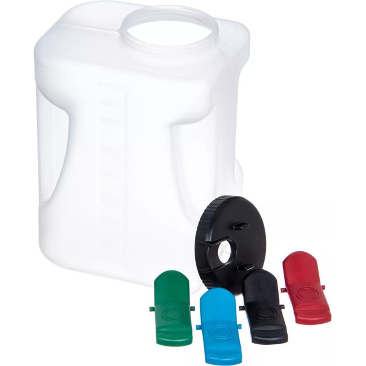 Carlisle 640000 1-gallon container showing side measurement markings, integrated handle, and assorted color toggles laid alongside the lid