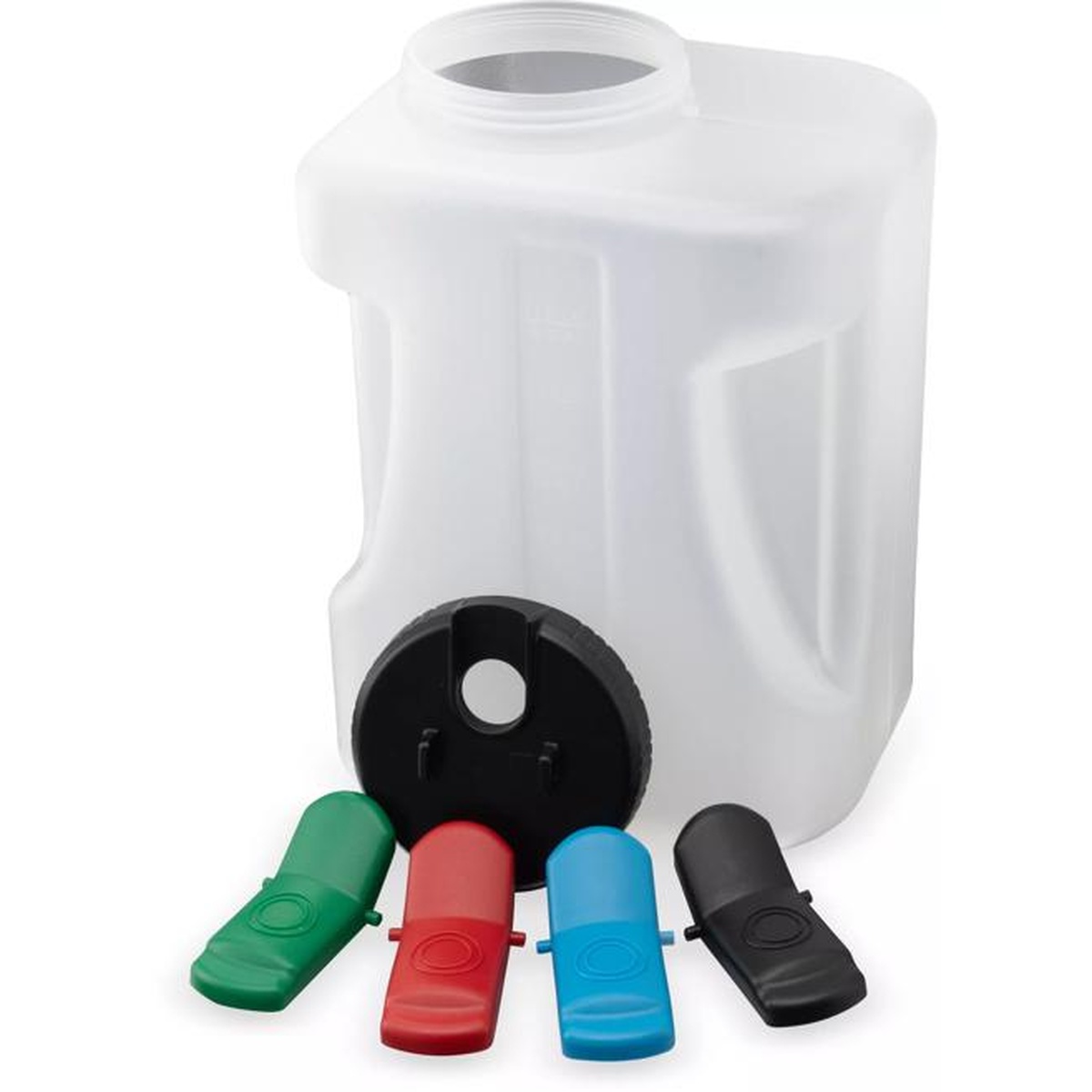 Carlisle 640000 1-gallon translucent container with black lid and four assorted color toggles (green, red, blue, black) displayed in front