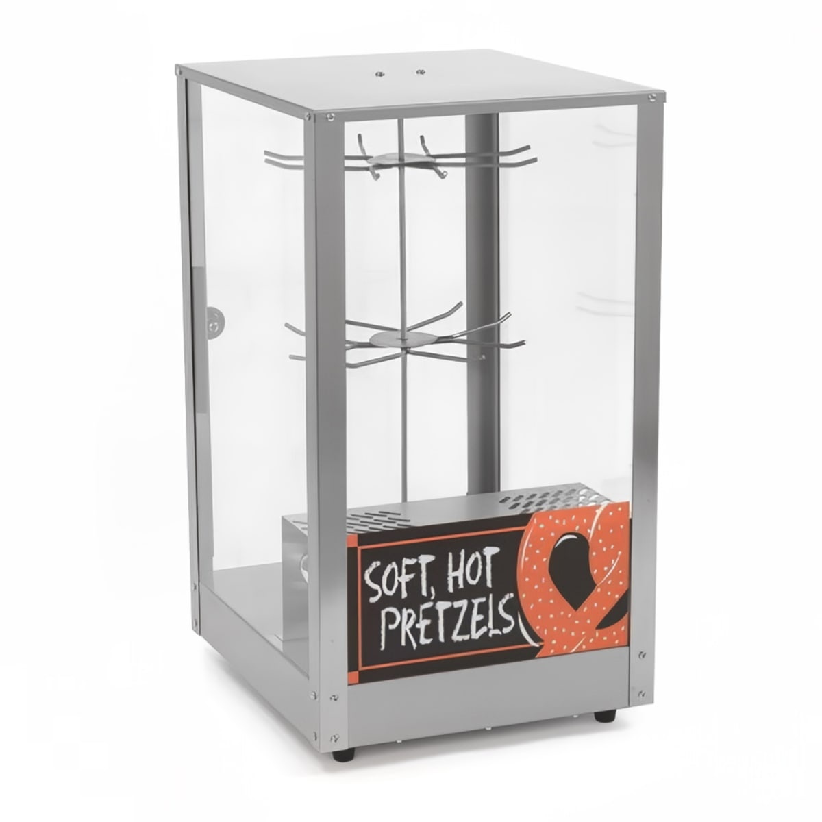 Nemco 6403 revolving pretzel merchandiser with stainless steel frame, clear glass panels, 2-tier rotating rack, and Soft Hot Pretzels graphic panel