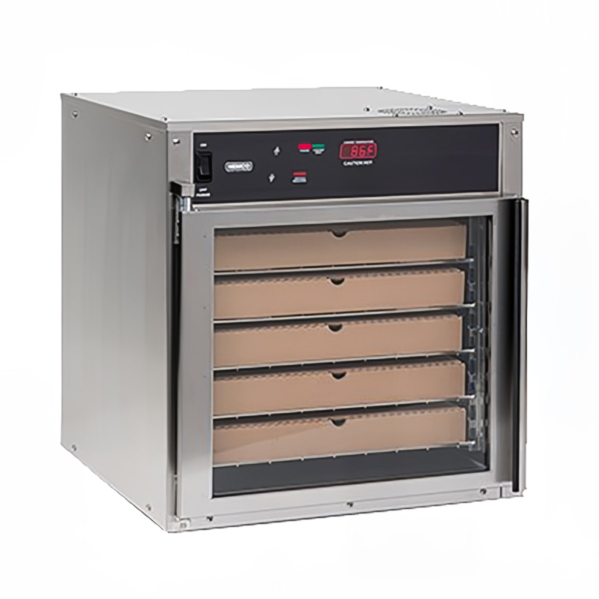 Nemco 6405 countertop pizza holding cabinet with five pizza boxes loaded on adjustable stainless steel racks, digital temperature display on top control panel