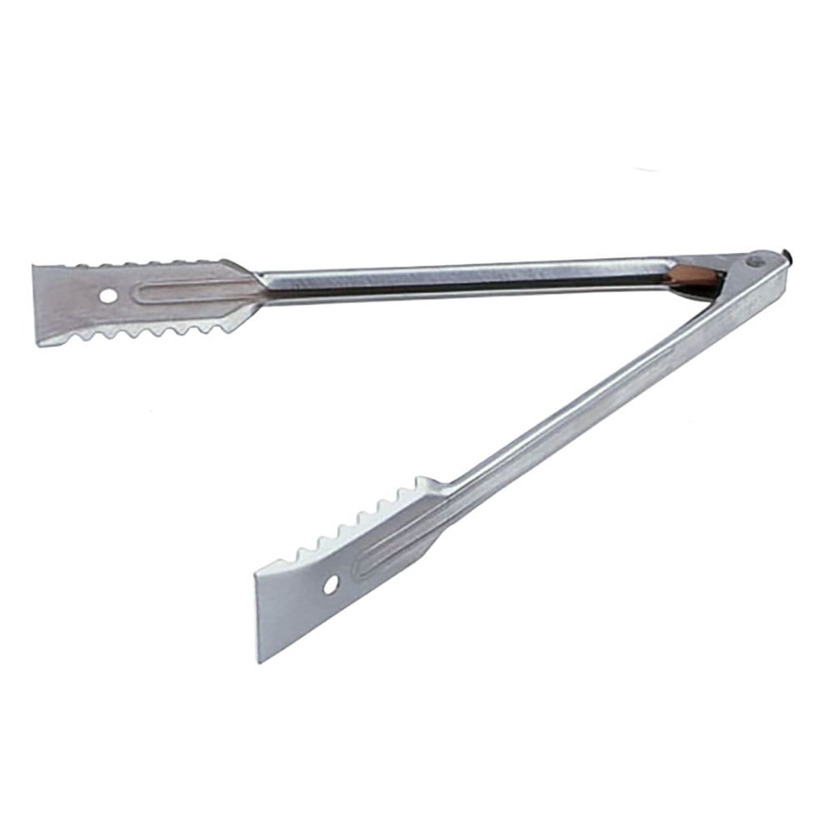 Edlund 6410HD/12 10-inch stainless steel gripper tong with toothed flat heads, shown open on white background