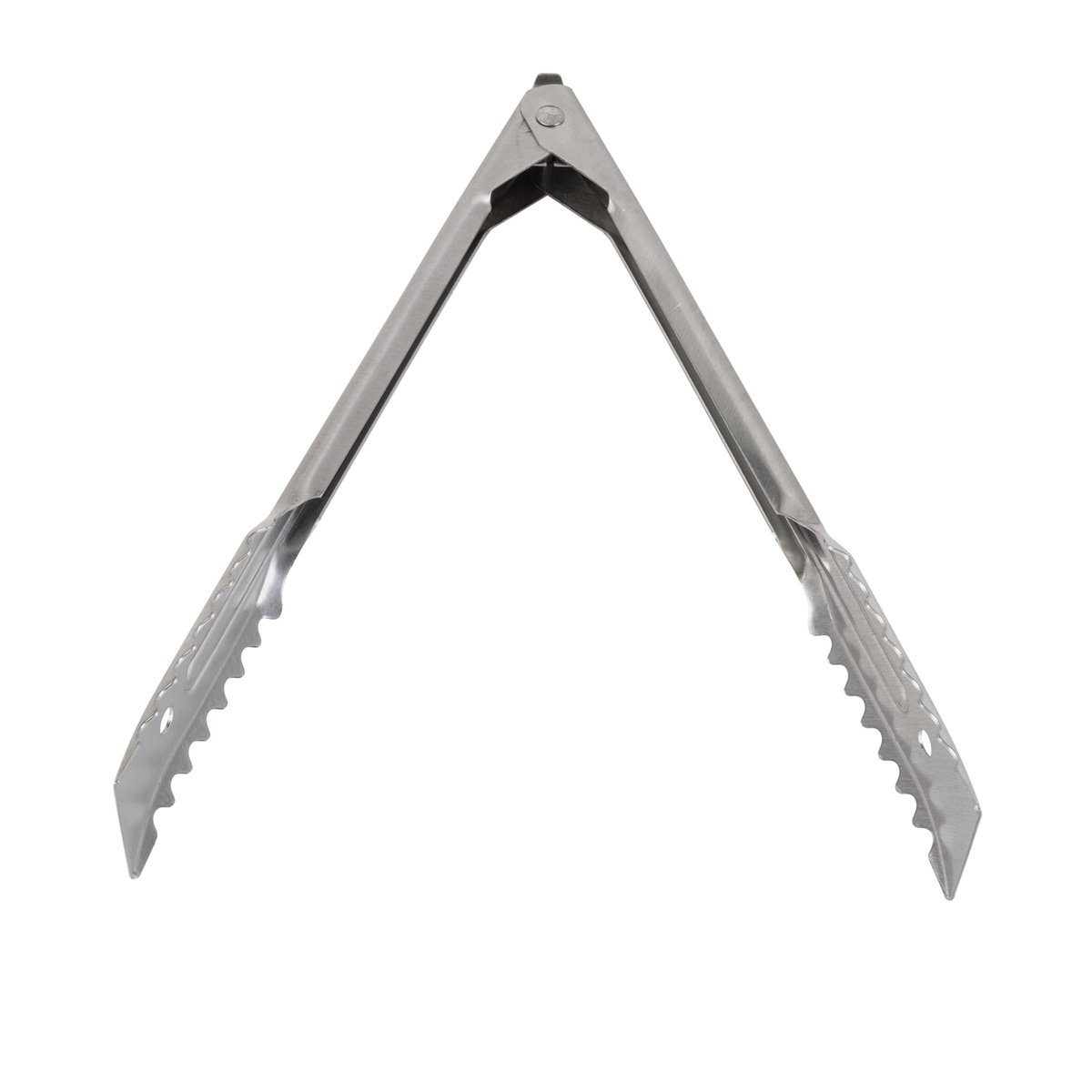 Edlund utility tongs shown open from the front, displaying both serrated gripper jaws fully spread