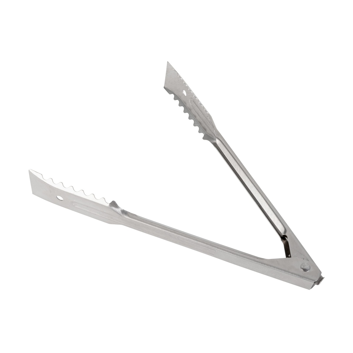 Edlund utility tongs shown open at an angle, highlighting the textured gripping heads and flat base