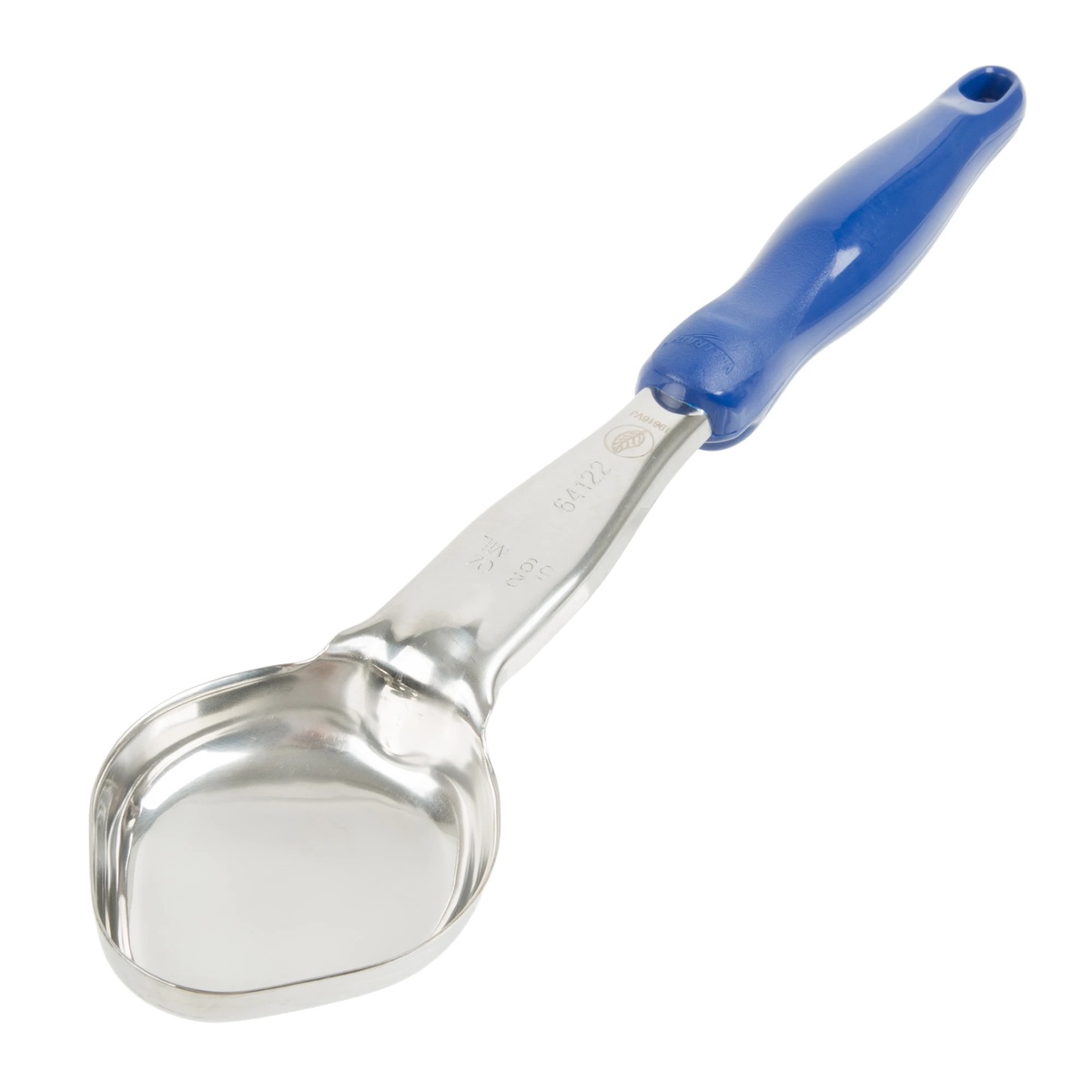 Vollrath 6412230 2-ounce solid oval bowl Spoodle utensil with blue nylon handle and mirror-finish stainless steel shaft