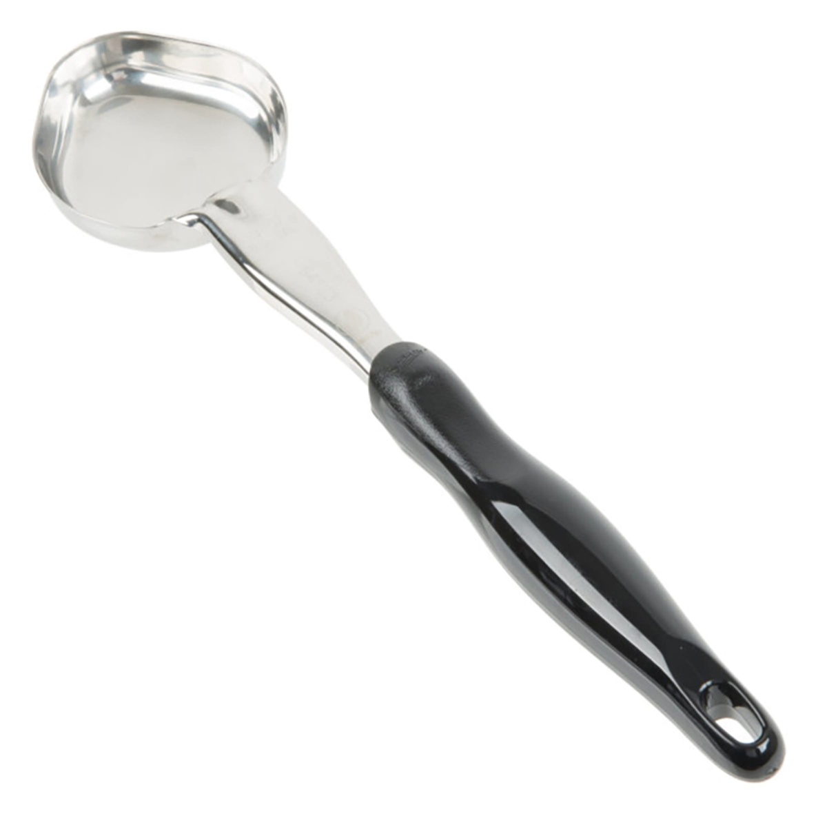 Vollrath 6412320 spoodle close-up from above showing stainless bowl and black nylon handle with hanging hole