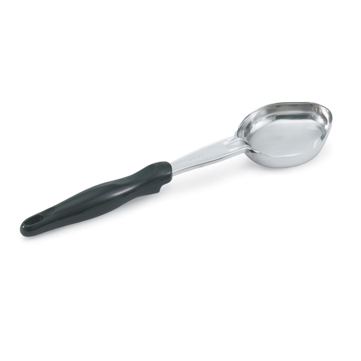 Vollrath 6412320 solid oval spoodle with black ergonomic handle and stainless steel bowl, angled view