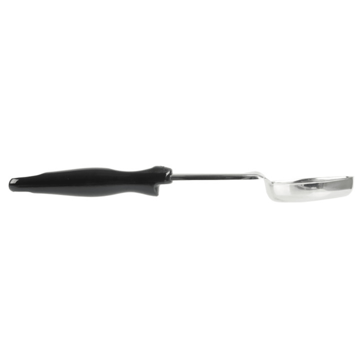Vollrath 6412320 spoodle side profile showing stopper notch on handle and angled stainless steel bowl