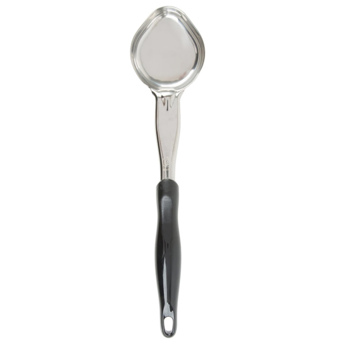 Vollrath 6412320 spoodle overhead view showing solid oval stainless steel bowl and black ergonomic handle