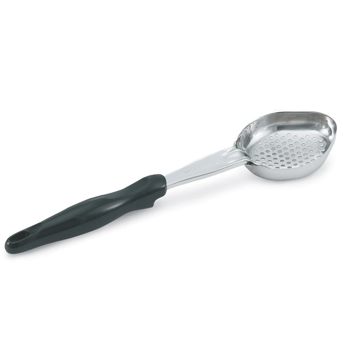Vollrath heavy-duty Spoodle utensil with stainless steel bowl and black ergonomic nylon handle, side view