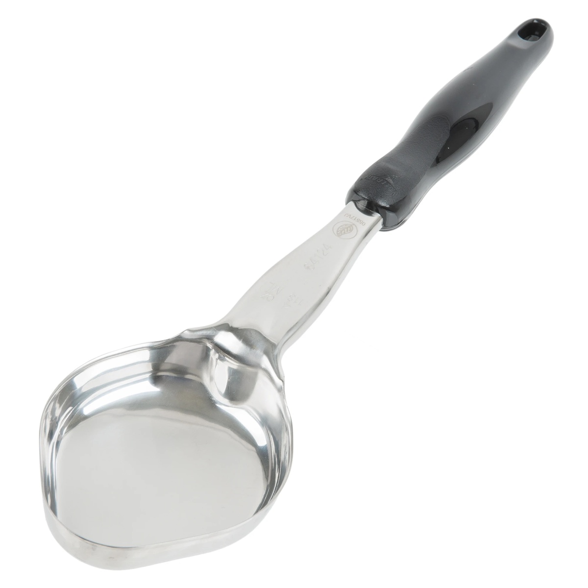 Vollrath 6412420 4-ounce solid oval stainless steel Spoodle with black nylon handle, angled overhead view