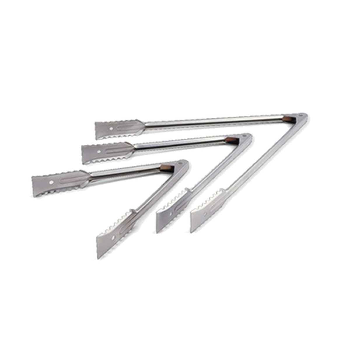 Edlund 6412HDL/72 12-inch stainless steel gripper tongs with non-coated handles, set of three shown in different sizes