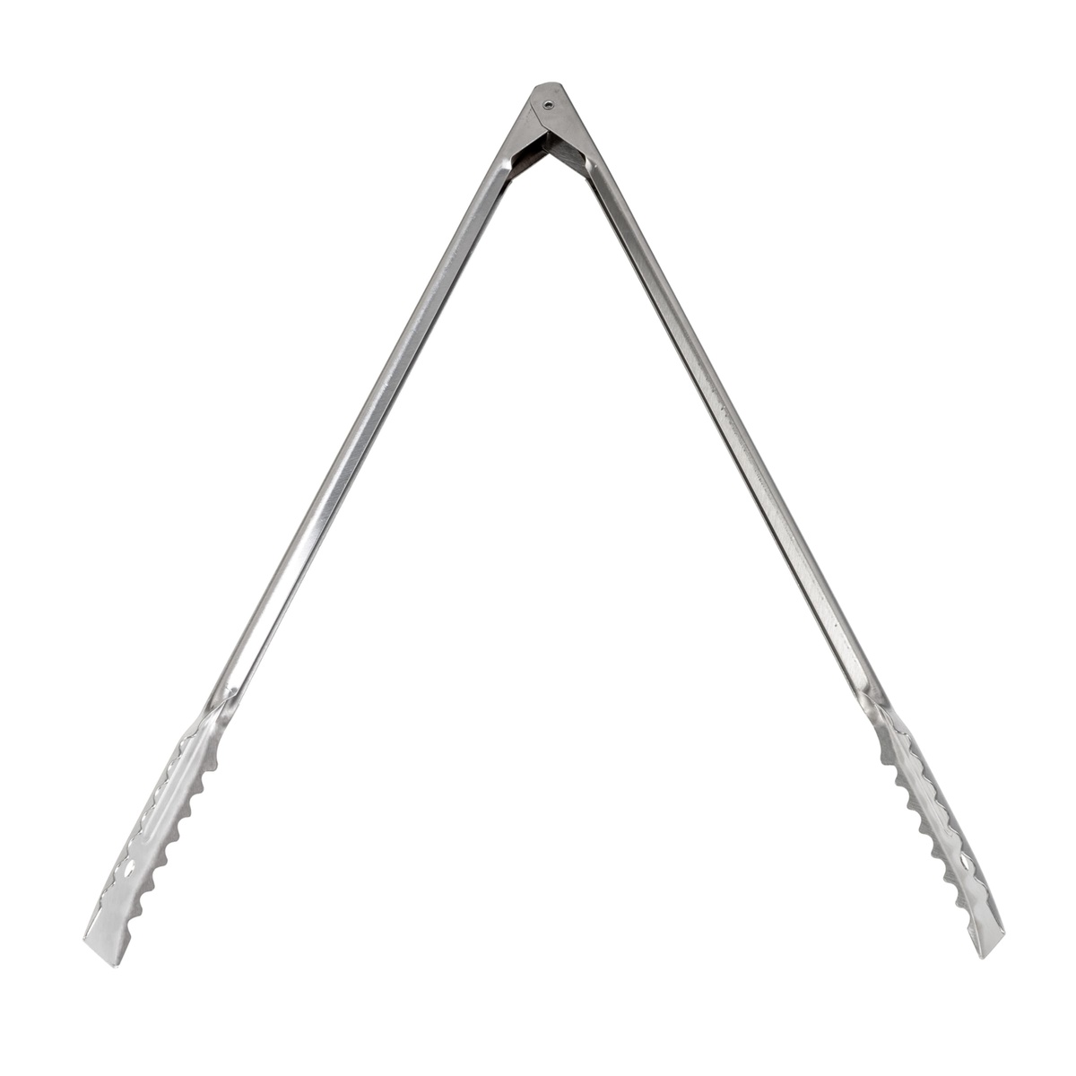 Edlund 6416HD stainless utility tongs open in A-shape, front-facing view showing both serrated gripping ends