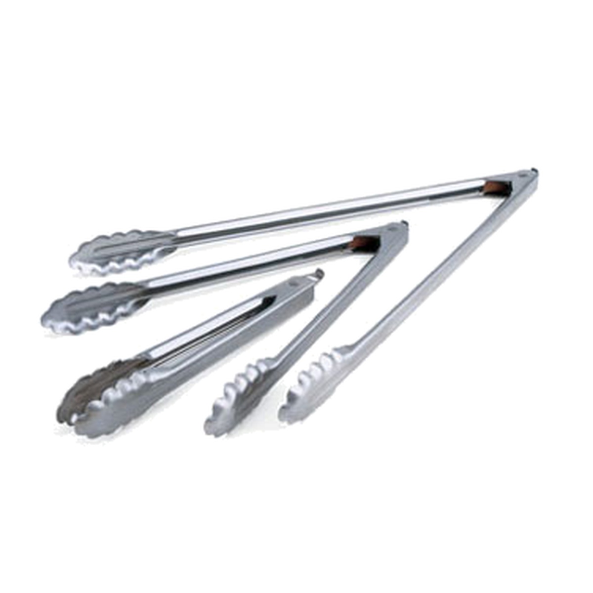 Edlund 6416HD/72 16-inch stainless steel gripper tongs set showing multiple sizes with scalloped gripping heads