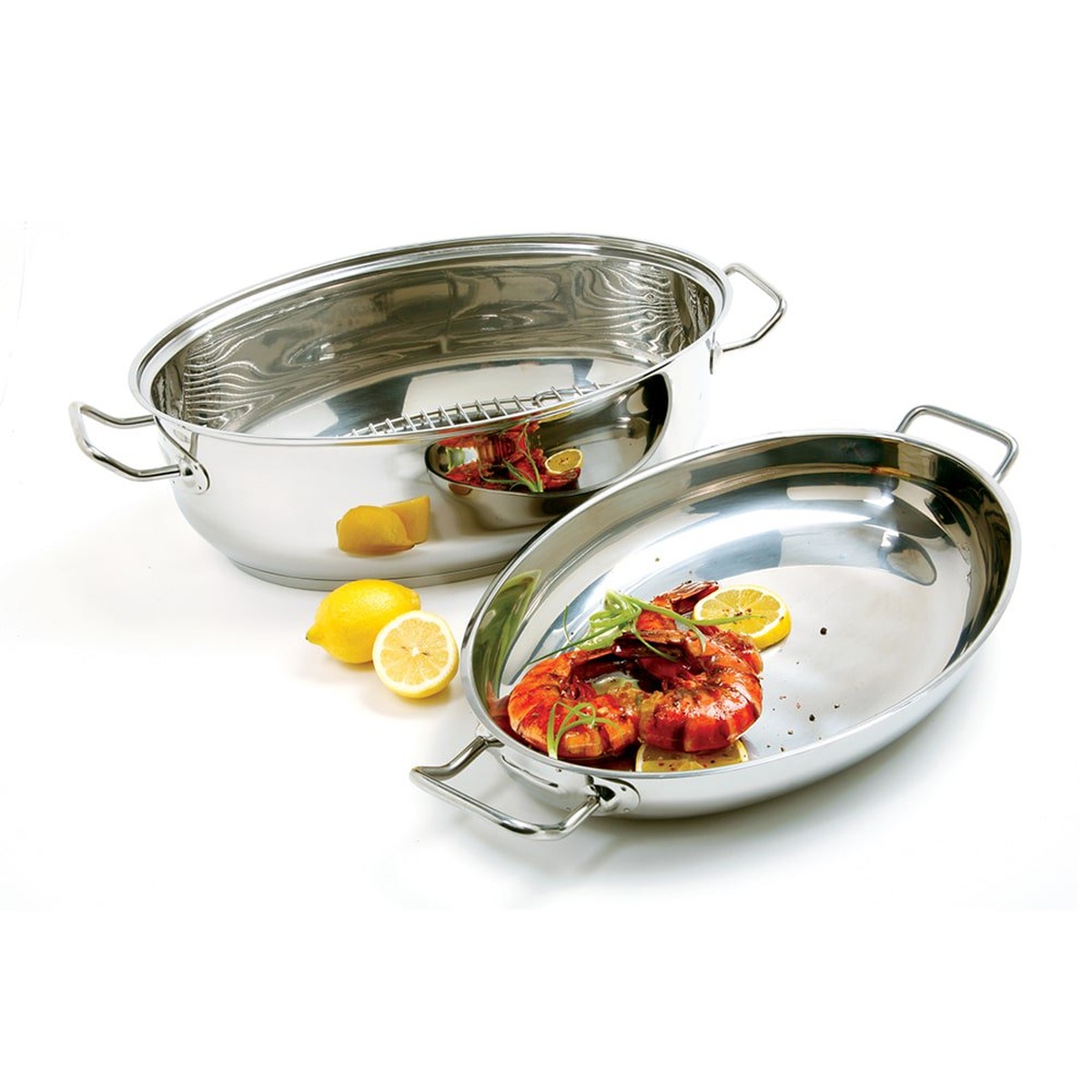 Norpro Krona 8Qt stainless steel multi-roaster base and lid shown separately