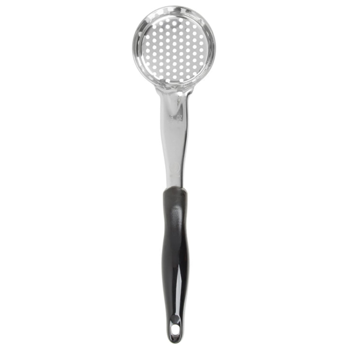 Vollrath spoodle top-down view showing perforated stainless steel bowl and capacity marking on shaft