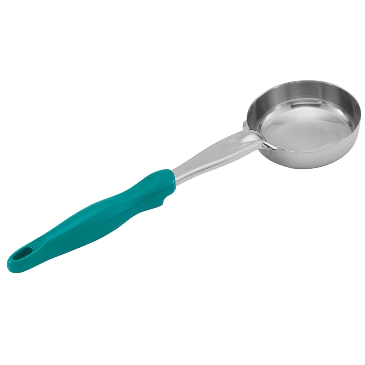 Vollrath 6 oz. solid round Spoodle portion spoon with teal nylon handle and mirror-finish stainless steel bowl