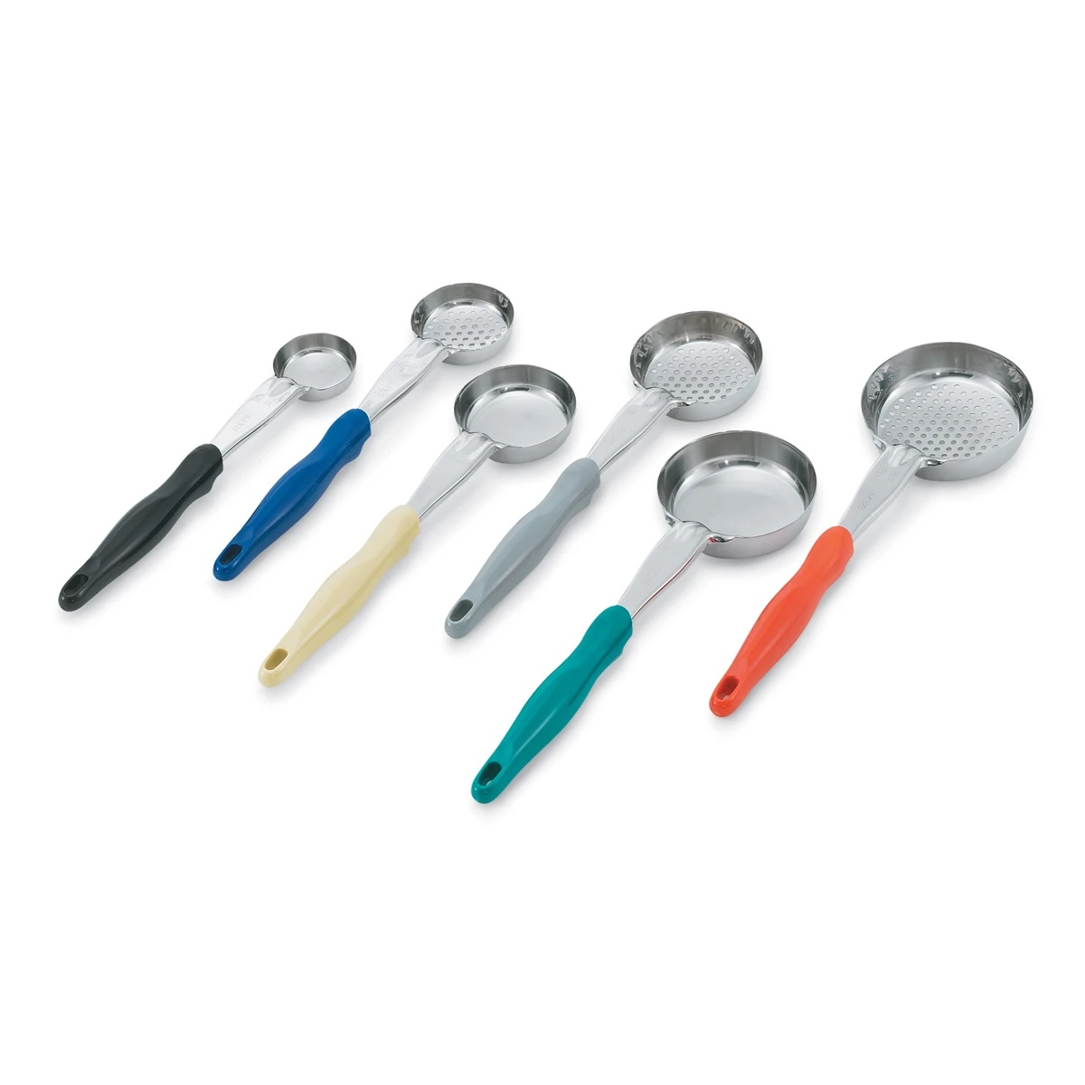 Full lineup of Vollrath Jacob's Pride Spoodle portion spoons in multiple colors and sizes, including solid and perforated bowl styles