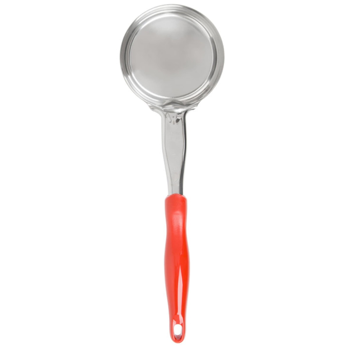 Vollrath 6433865 spoodle top-down front view showing stainless steel solid bowl and orange handle with hang hole