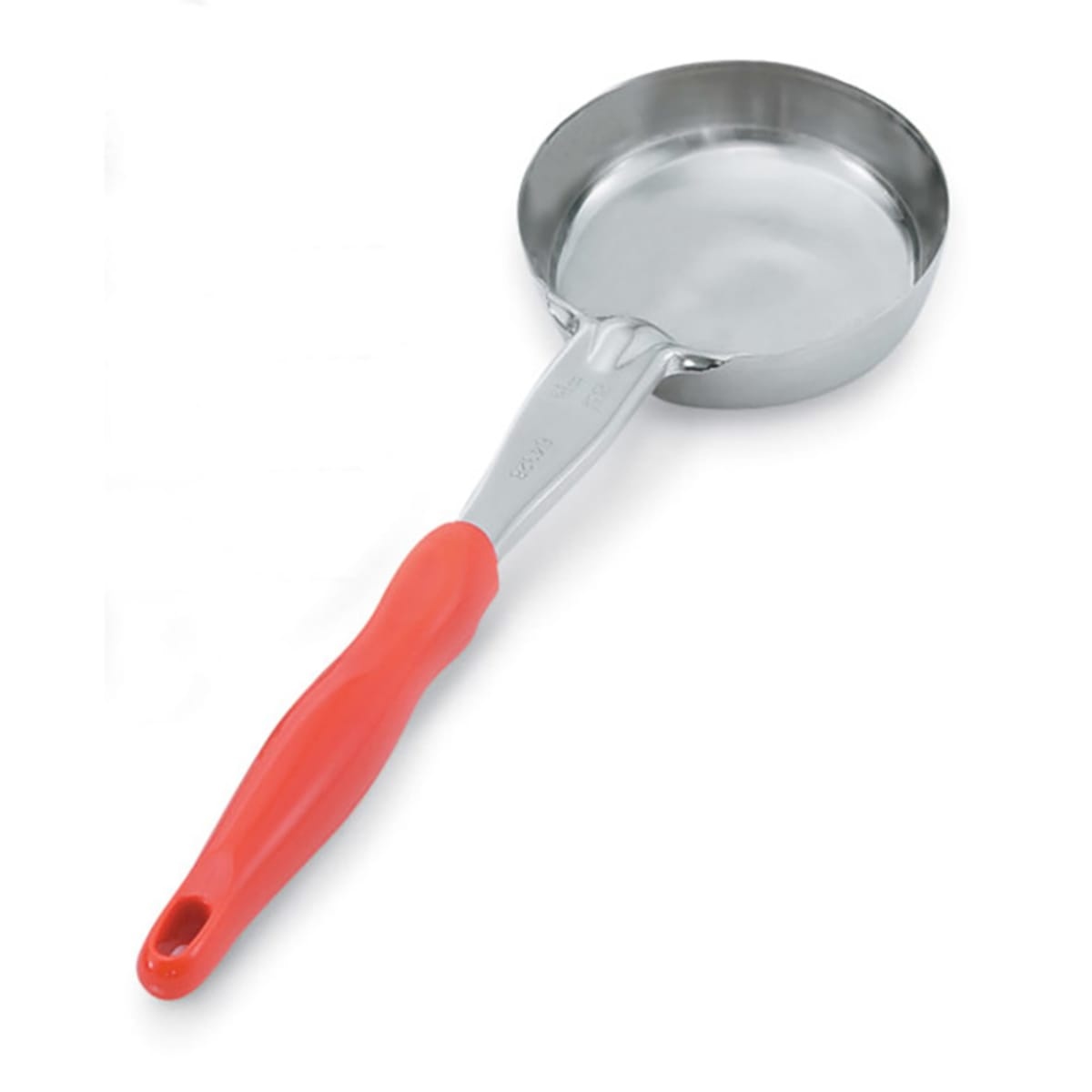 Vollrath 6433865 8 oz solid round spoodle with orange nylon handle, angled view showing bowl and shaft