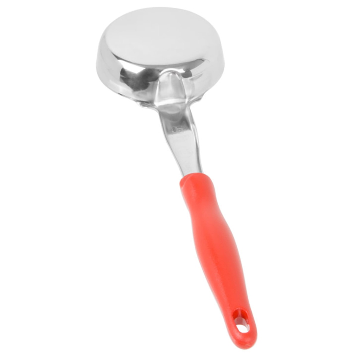 Vollrath 6433865 spoodle bottom view showing underside of stainless steel bowl and orange ergonomic handle