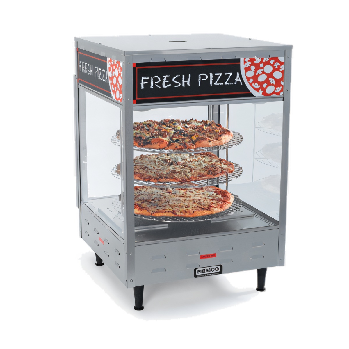 Nemco 6450 rotating heated pizza merchandiser with three tiers of pizza and Fresh Pizza signage on white background