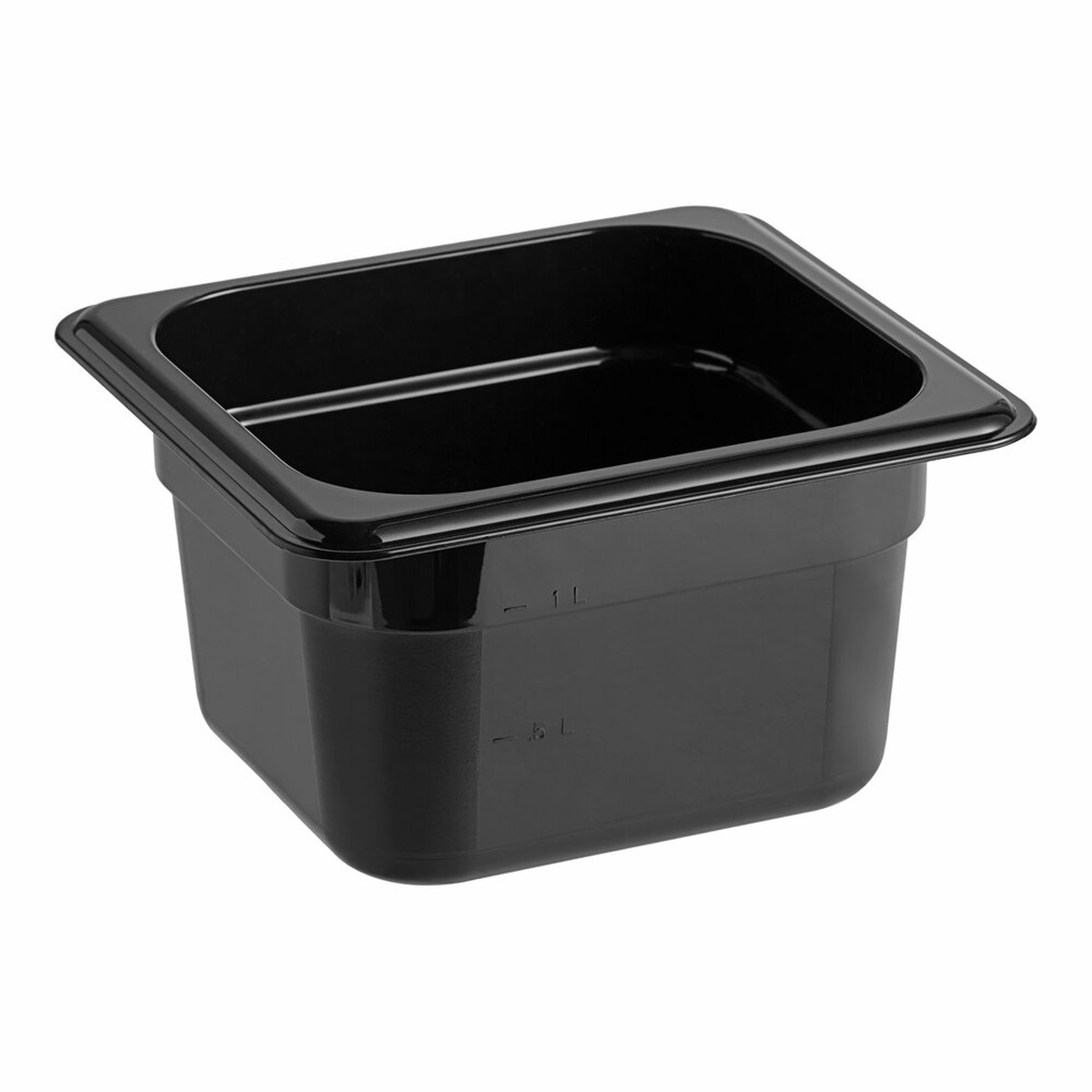 Cambro 64CW110 black polycarbonate 1/6 size food pan, 4 inches deep, shown at an angle on a white background with molded liter graduation markings visible on the exterior