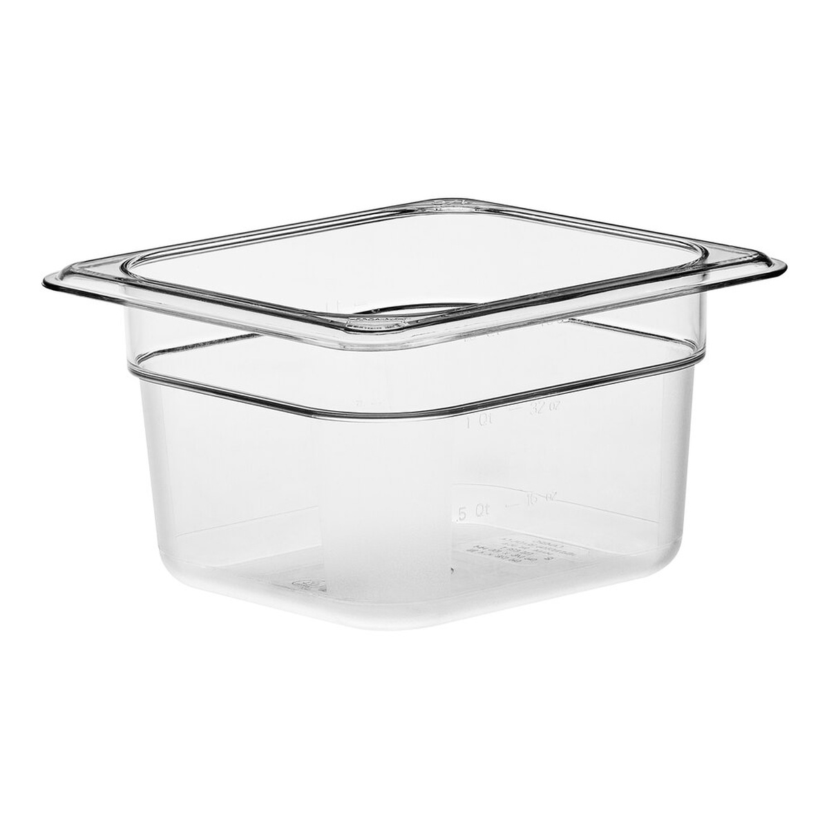 Cambro 64CW135 clear 1/6 size polycarbonate food pan 4 inch deep with molded-in graduations visible on the exterior
