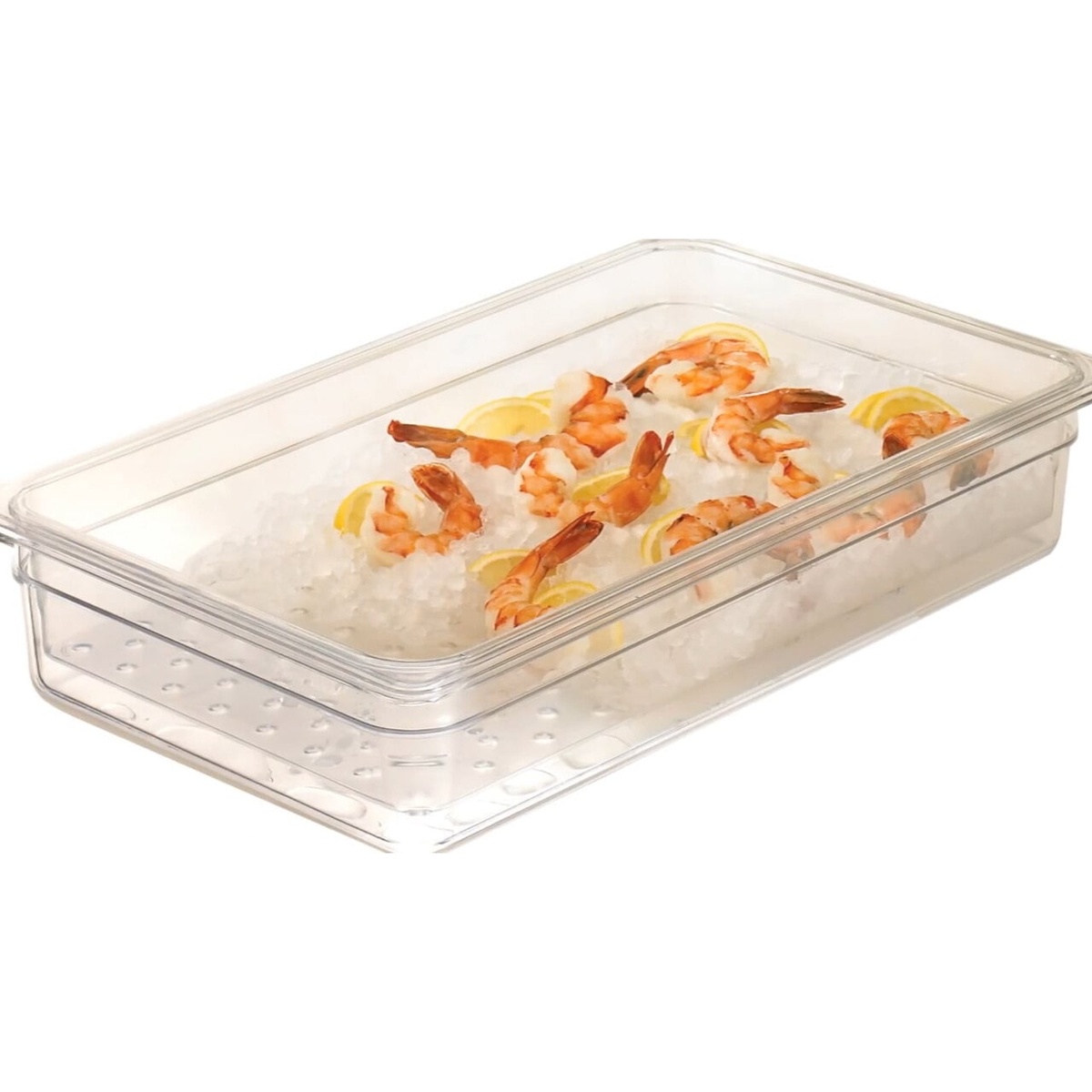 Cambro Camwear clear polycarbonate food pan filled with ice and shrimp for cold food service display