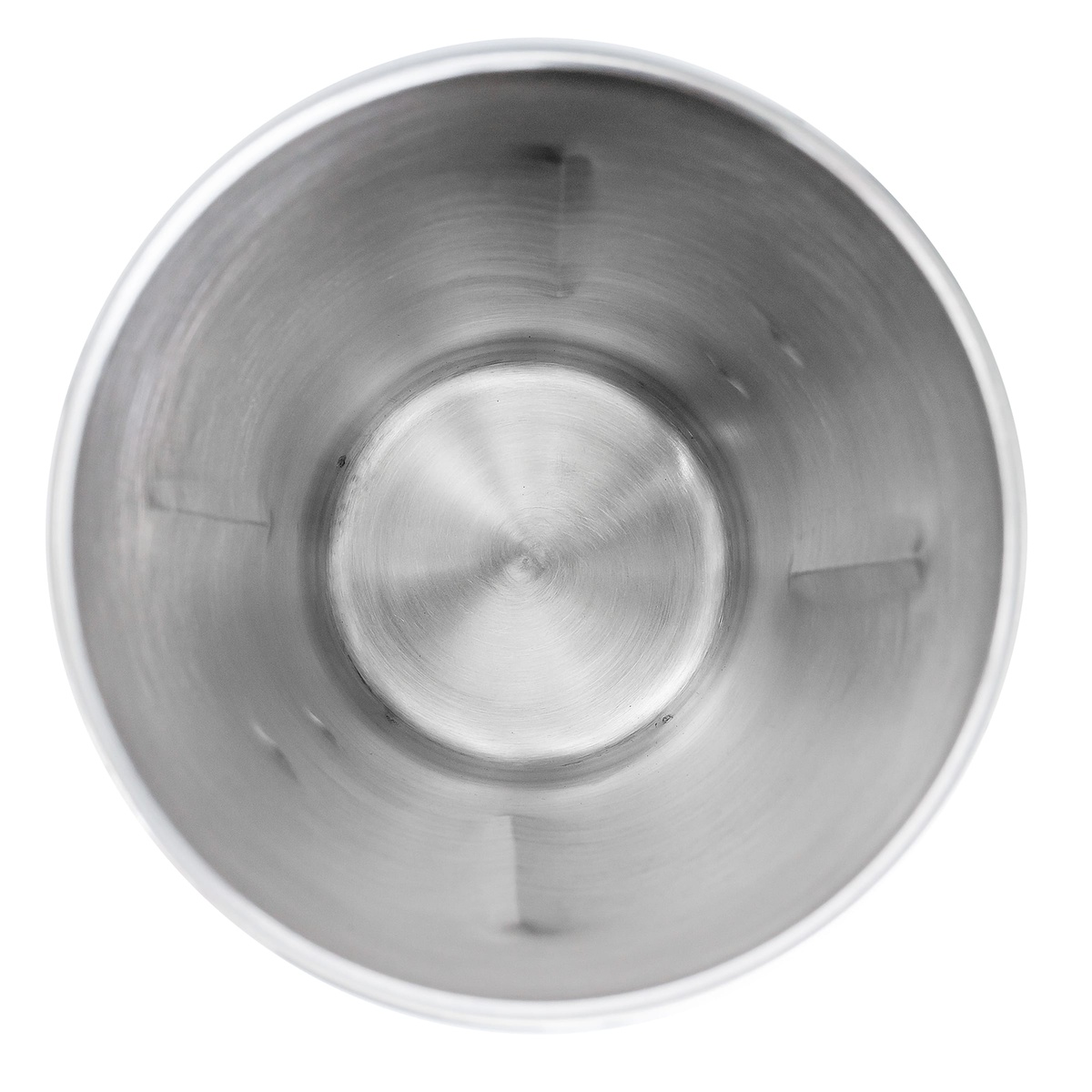 Top-down view into the interior of the Tablecraft 64E stainless steel malt cup showing smooth inner surface