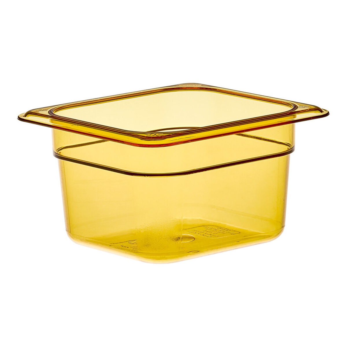 Cambro 64HP150 amber 1/6 size high heat plastic food pan, 4 inches deep, shown on white background