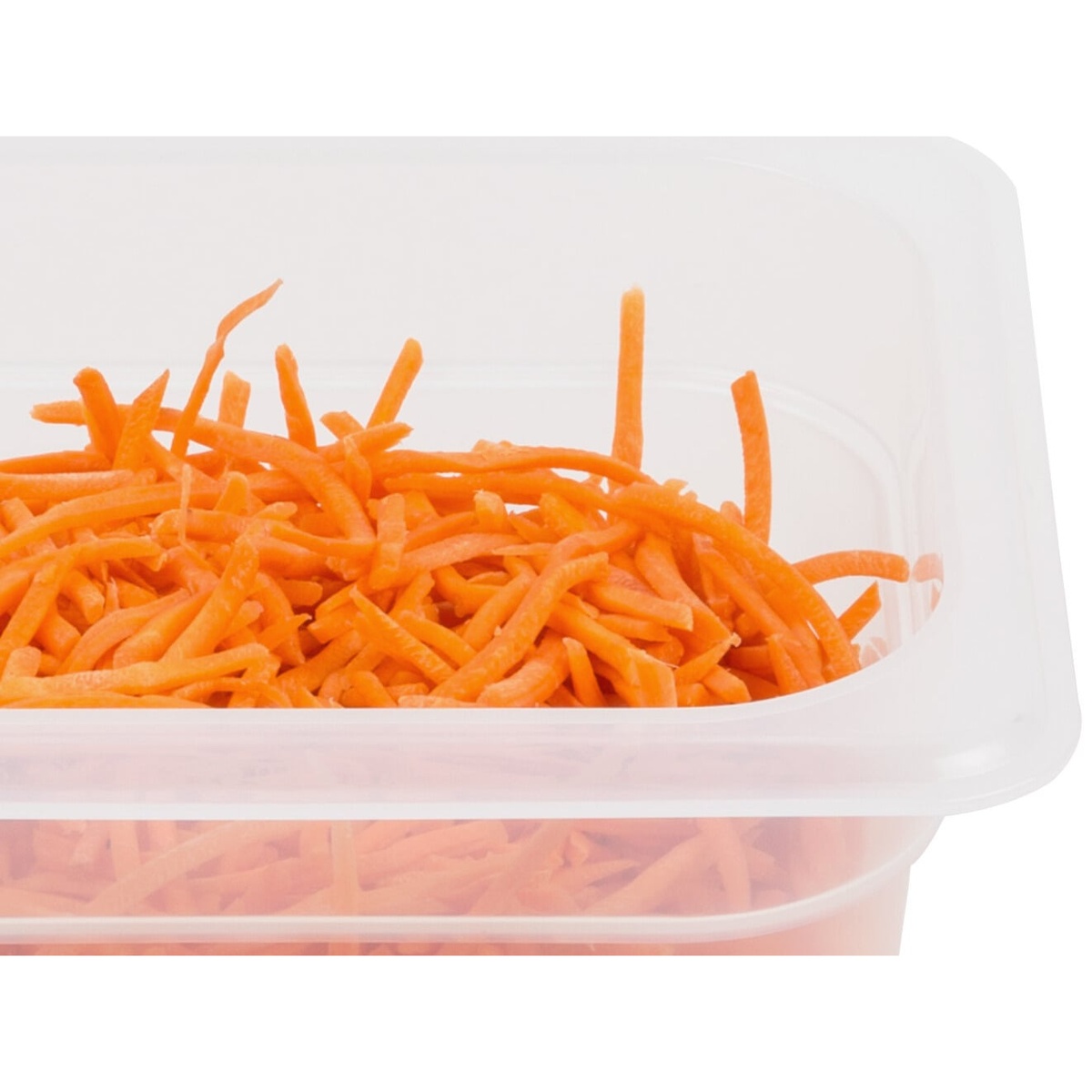 Close-up of translucent Cambro food pan filled with shredded carrots, highlighting product visibility and stackable design