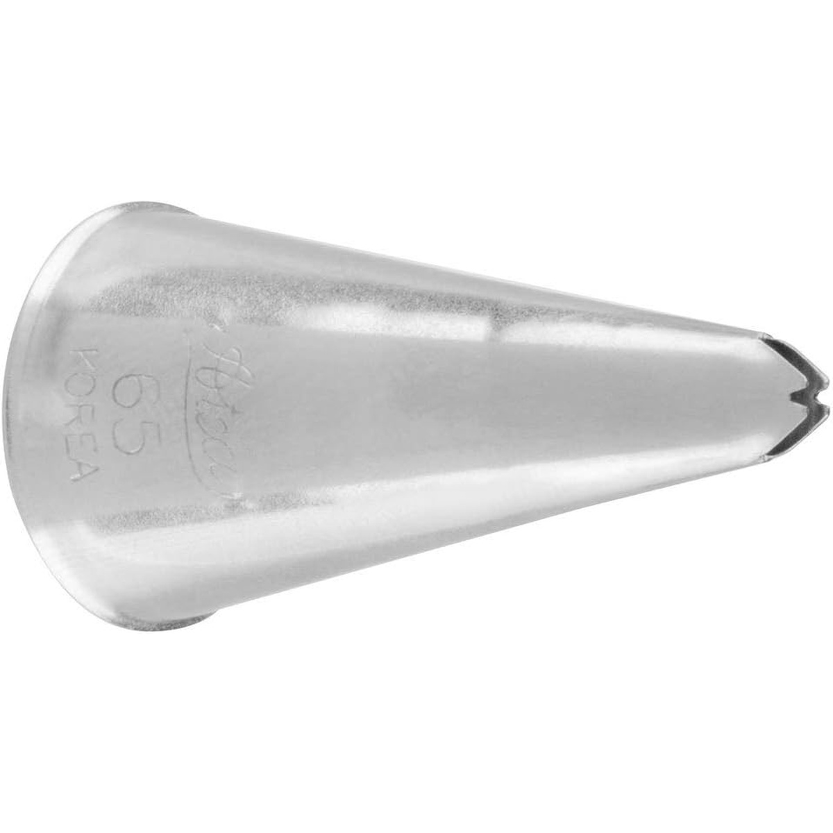 Ateco 65 stainless steel leaf piping tip showing V-shaped opening, angled view on white background