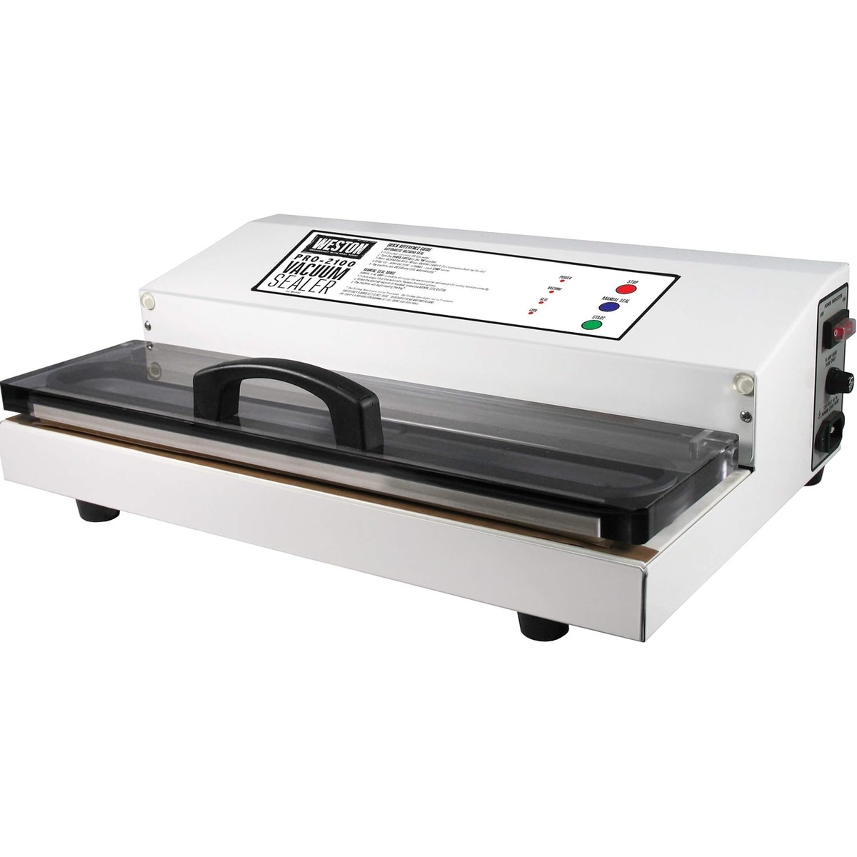 White commercial countertop vacuum sealer with clear lid and top control panel