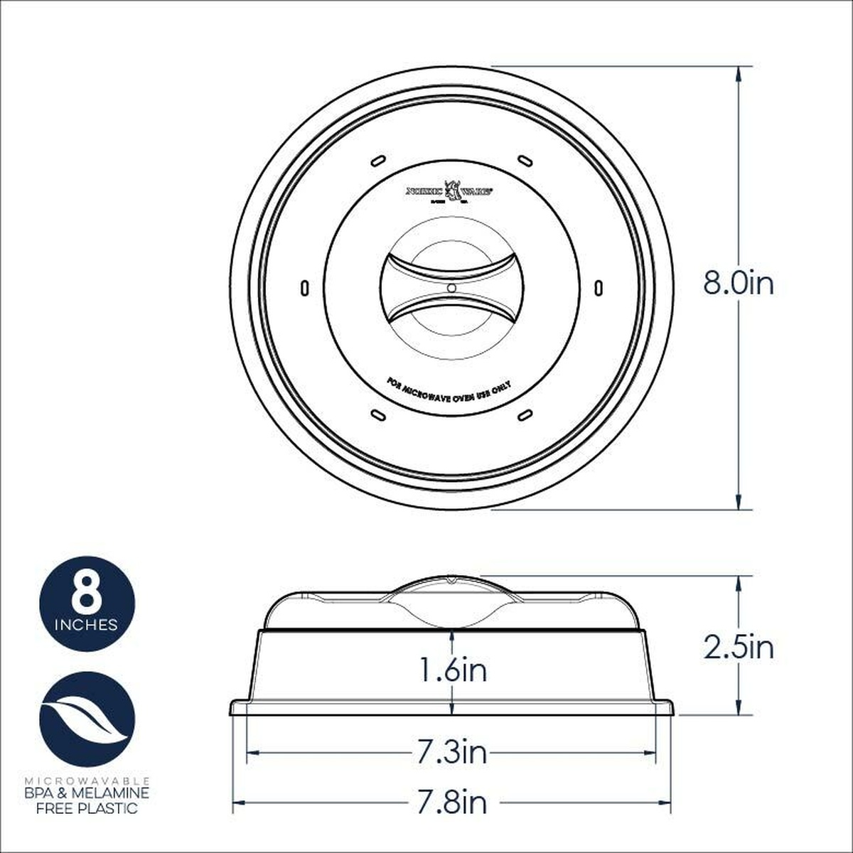 Technical drawing showing 8 inch diameter and 1.6 inch interior height dimensions