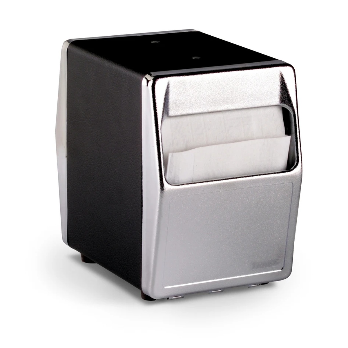 Vollrath 6509-06 two-sided tabletop napkin dispenser in black with chrome faceplate, shown with napkins loaded