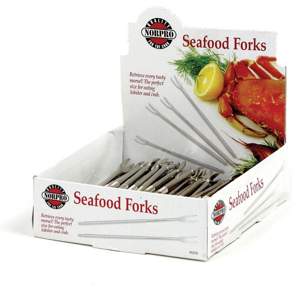 Norpro 6521D stainless steel seafood forks shown in branded display box