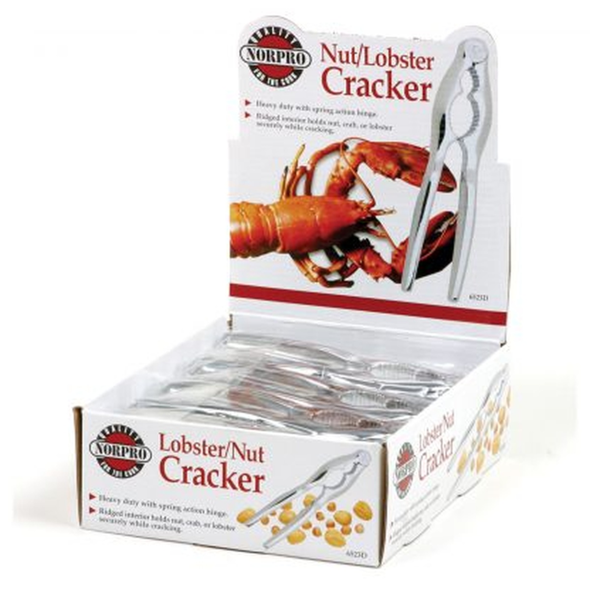 Norpro 6523D lobster and nut cracker counter display box showing product packaging front and top view